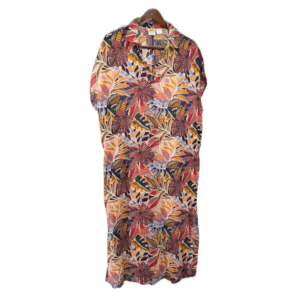 C&C California Maxi Dress Womens L Tropical Leaf Linen Blend Summer